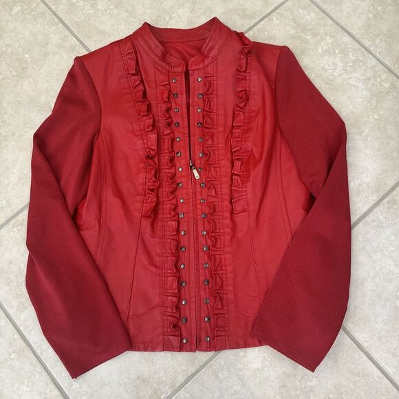 Peter Nygard Red Leather Jacket Cardigan Small‎ Studded Ruffled Rocker 80'S Y2K - Picture 1 of 8